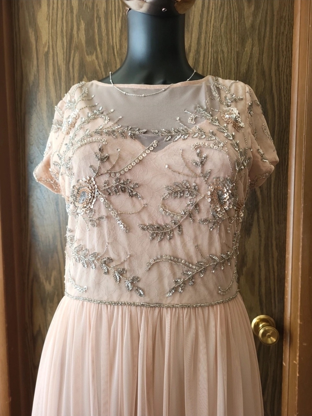 Adrianna Papell Pale Blush Embellished Tulle Maxi Dress
